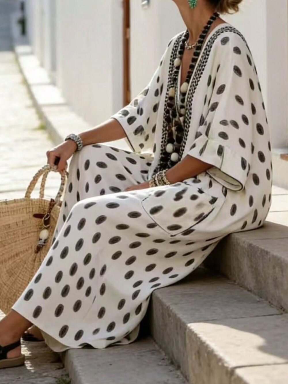 Apricot Boho Women's V-Neck 3/4 Sleeve Print Loose Long Mediterranean Dress - Picture 7 of 8